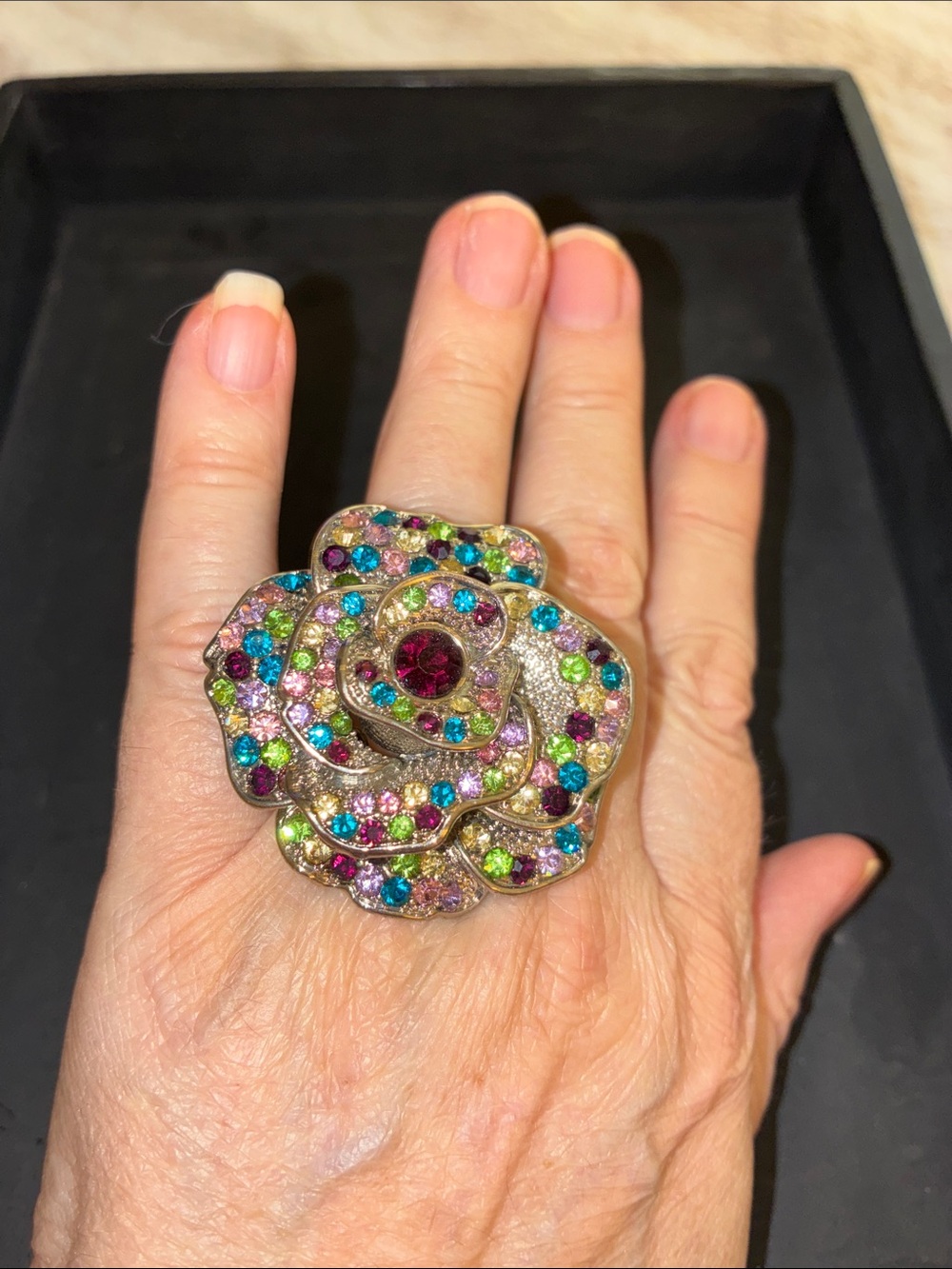 Multicolor Crystal Rose Statement Stretch Ring